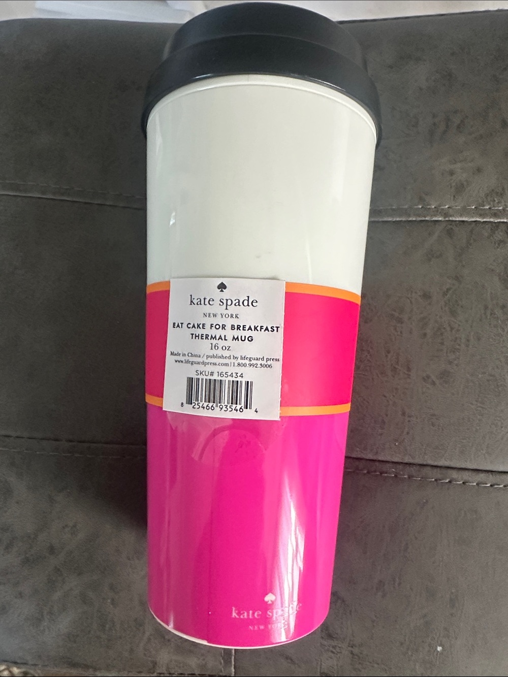 NWT kate spade White, Hot Pink & Black 'Eat Cake for Breakfast' Travel Mug - Picture 4 of 10